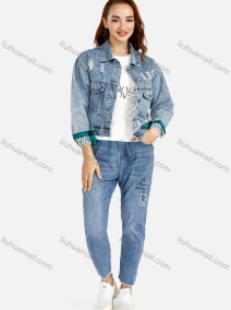 Wholesale Women's Casual Floral Fitted Ripped Button Front Crop Denim Jacket & Skinny Long Jeans Set, LIUHUA CLOTHING WHOLESALE