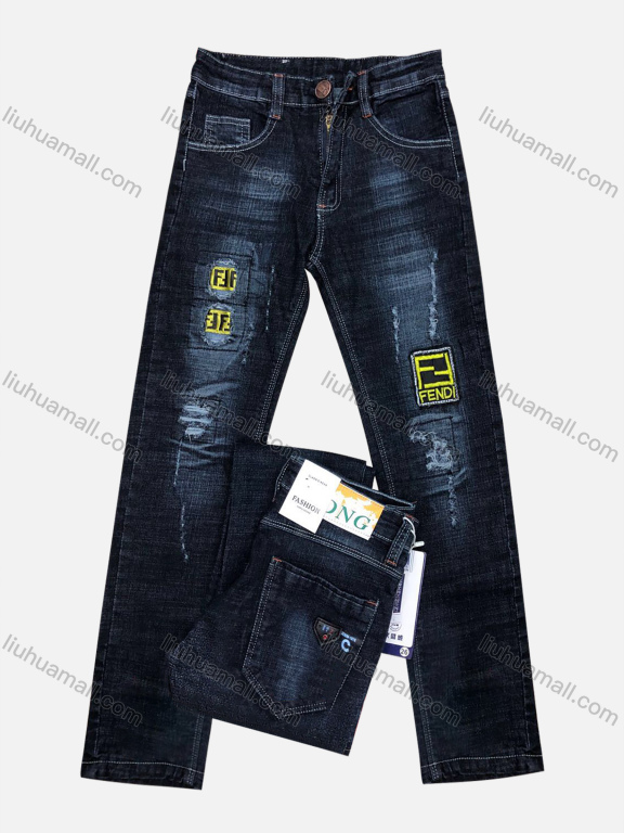 Wholesale Boys Button Pockets Frayed Patched Labelled Embroidered Letter Plain Jean 07#