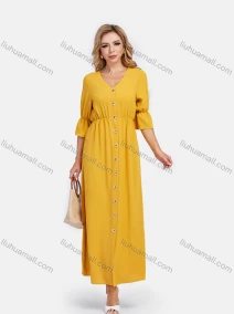 Wholesale Women's V Neck A-Line High Waist Button Front Poet Sleeve Maxi Dress, LIUHUA CLOTHING WHOLESALE