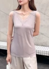 Wholesale Women's Casual Plain V Neck Ribbed Lace Trim Slim Fit Tank Top - Liuhuamall
