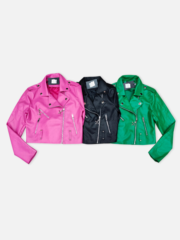 Women's Fashion Lapel Zipper Pockets Plain Crop Leather Jacket, Clothing Wholesale Market -LIUHUA, leather%20jackets