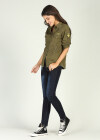 Wholesale Women's Casual Military Style Collared Distressed Long Sleeve Top Button Down Ripped Raw Hem Shirt - Liuhuamall