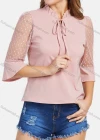 Wholesale Women's Casual Ruffle Neck Heart Print Lace Sleeve Tie Front Blouse - Liuhuamall