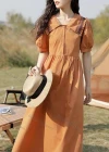Wholesale Women's Retro Plain Peter Pan Collar Puff Sleeve Chevron Print Ruffle Trim Button Front Midi Shirt Dress AY161# - Liuhuamall