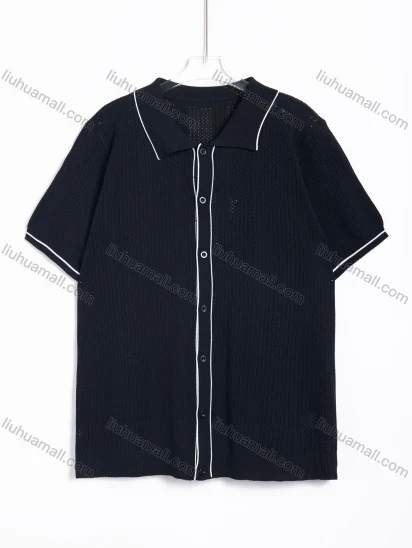 Wholesale Men's Casual Contrast Piping Pointelle Knit Short Sleeve Button Up Polo Shirt