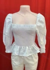Wholesale Women's Casual Plain Square Neck Shirred Puff Sleeve Ruffle Hem Blouse - Liuhuamall