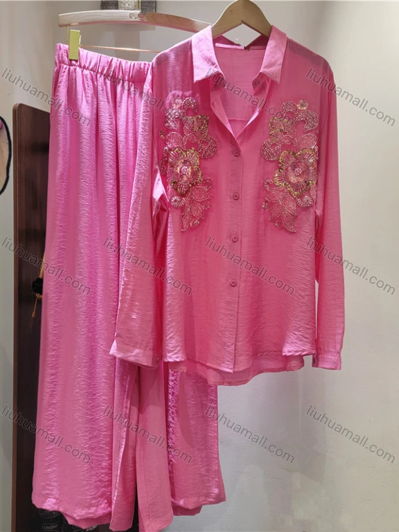 Wholesale 2026 Spring Summer Autumn Pink Linen Embroidered Polo Neck Long Sleeve Shirt Wide Leg Pants Two Piece Set for Women