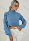 Wholesale Women's Plain Stand Collar Bishop Sleeve Cable Knit Crop Sweater - Liuhuamall