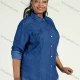Wholesale Women's Plus Size Long Sleeve Button Rhinestone Denim Casual Shirt Medium Blue Clothing Wholesale Market Liuhua