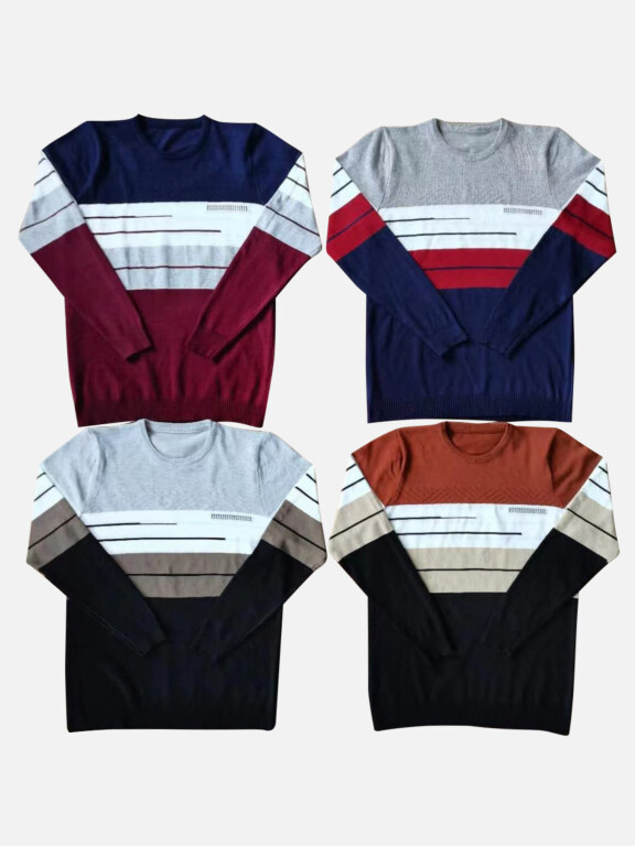 Men's Casual Crew Neck Long Sleeve Colorblock Striped Knit Sweaters, Clothing Wholesale Market -LIUHUA, MEN, Sweaters-Knits