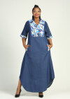 Wholesale Women's Casual Turn-down Collar Floral Print Curved Hem Dual Pockets Denim Dress - Liuhuamall