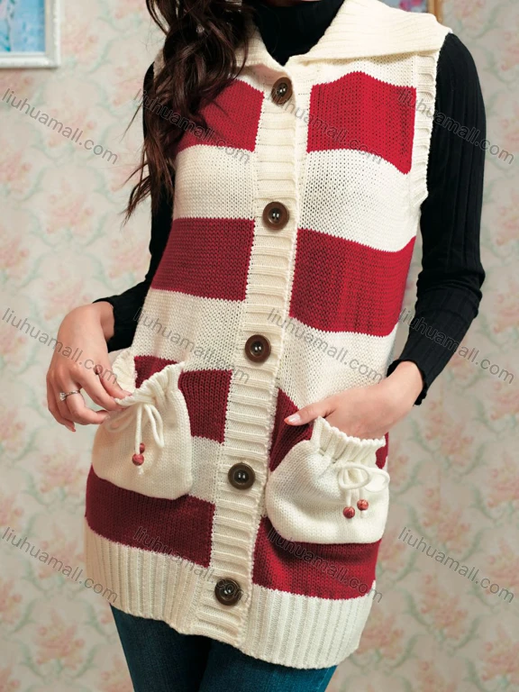 Wholesale Women's Button Front Colorblock Dual Pockets Knit Vest