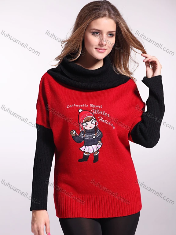 Wholesale Women's High Neck Cartoon Letter Embroidery Pullover Sweater