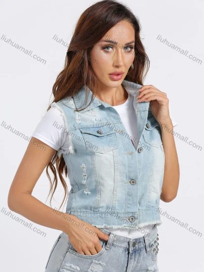 Wholesale Women's Casual Collared Washed Distressed Flap Pockets Ripped Button Down Crop Denim Vest Jacket