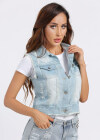 Wholesale Women's Casual Collared Washed Distressed Flap Pockets Ripped Button Down Crop Denim Vest Jacket - Liuhuamall