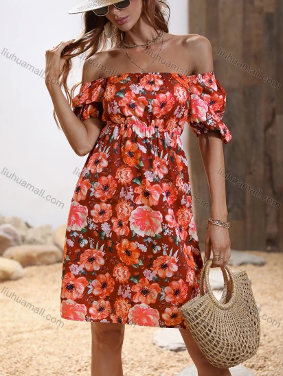 Wholesale Women's Boho Off Shoulder Floral Print Short Sleeve High Waist Short Dress JJD6167
