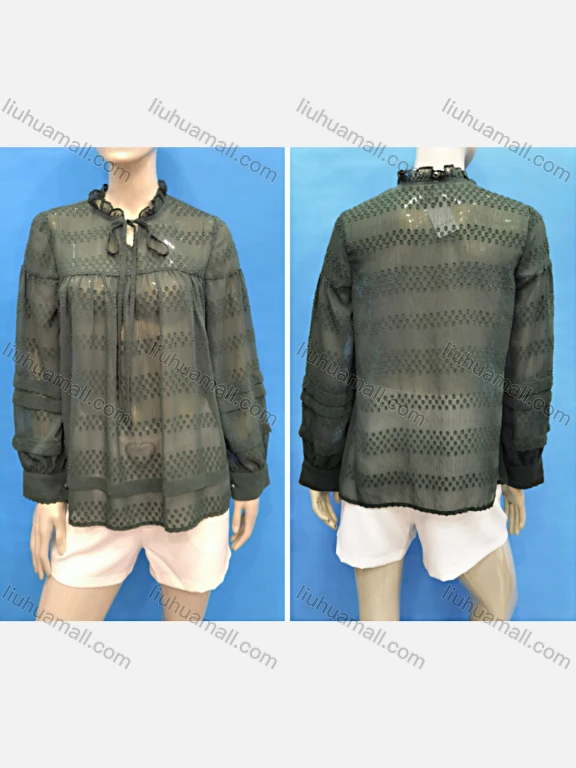 Wholesale Women's Casual Ruffle Neck Ruched Lace Up See Through Blouse