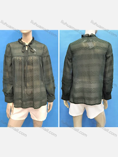 Wholesale Women's Casual Ruffle Neck Ruched Lace Up See Through Blouse