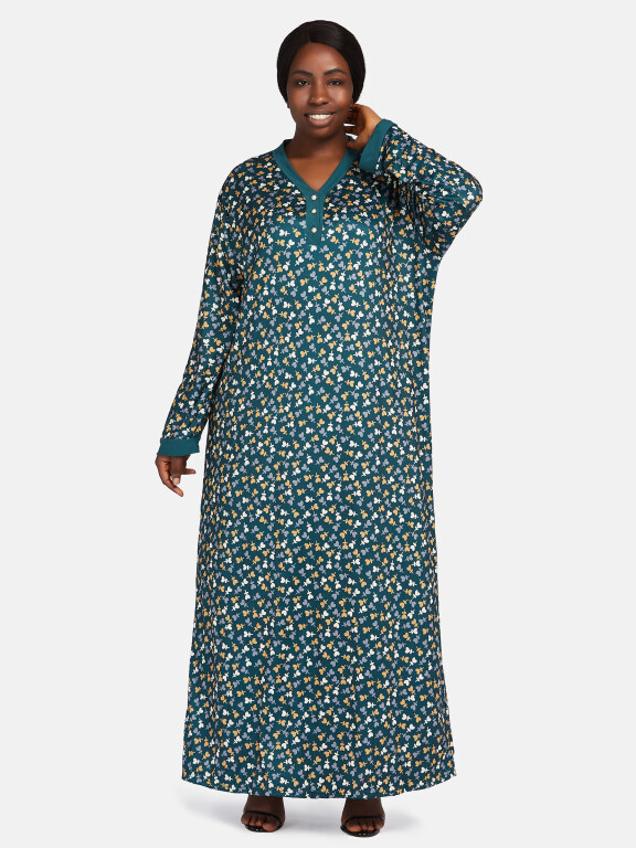 Women's Vintage Lounge V Neck Long Sleeve Button Front Allover Print Maxi Nightgown 1478-244983#, Clothing Wholesale Market -LIUHUA, WOMEN, Sleepwear