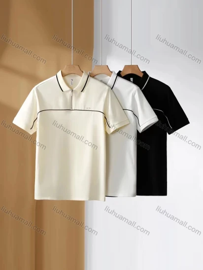 Wholesale Men's Casual Plain Collared Quarter Zip Short Sleeve Striped Trim Henley Shirt E95091#