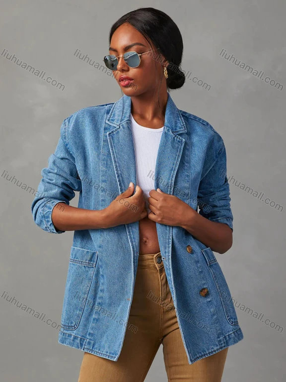 Wholesale Women's Plain Button Down Dual Pockets Long Sleeve Lapel Chic Washed Denim Blazer Jacket