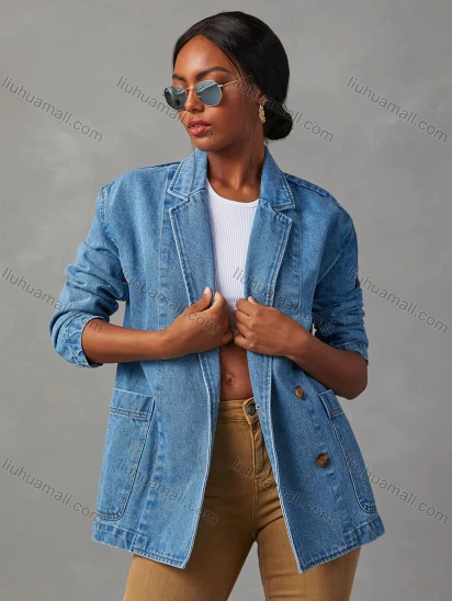 Wholesale Women's Plain Button Down Dual Pockets Long Sleeve Lapel Chic Washed Denim Blazer Jacket