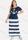 Wholesale Women's Summer Round Neck Anchor Print Tee&Maxi Striped Skirt Set - Liuhuamall
