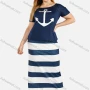 Wholesale Women's Summer Round Neck Anchor Print Tee&Maxi Striped Skirt Set preview