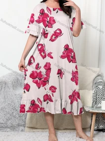 Wholesale Women's Comfy Milk Silk Floral Print Ruffle Trim Short Sleeve Crew Neck Lounge Midi Nightdress DM1301-08#, LIUHUA CLOTHING WHOLESALE