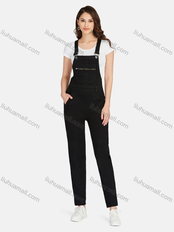 Wholesale Women's Casual Plain Adjustable Strap Ziper Pockets Denim Overall