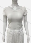 Wholesale Women's Casual Scoop Neck Short Sleeve Drawstring Side Plain Crop Top - Liuhuamall