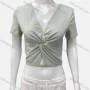 Wholesale Women's Casual V Neck Short Sleeve Twist Ribbed Plain Crop Top preview
