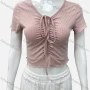 Wholesale Women's Casual V Neck Short Sleeve Drawsting Front Plain Crop Top preview