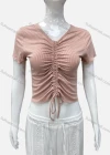 Wholesale Women's Casual V Neck Short Sleeve Drawstring Front Plain Crop Top - Liuhuamall