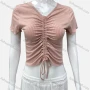 Wholesale Women's Casual V Neck Short Sleeve Drawstring Front Plain Crop Top preview
