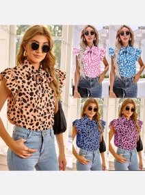 Wholesale Women's Dalmatian Print Ruffle Sleeve Tie Neck Casual Blouse A20334L#, LIUHUA CLOTHING WHOLESALE