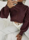 Wholesale Women's Plain Stand Collar Bishop Sleeve Cable Knit Crop Sweater - Liuhuamall