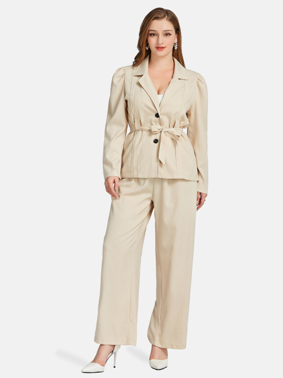 Women's Formal Lapel Plain Single Breasted Tie Front Suit Jackets 2-piece Set, Clothing Wholesale Market -LIUHUA, WOMEN, Suits-Blazers