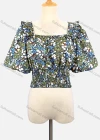 Wholesale Women's Casual Square Neck Lantern Sleeve Shirred Ruffle Trim Floral Print Crop Blouse - Liuhuamall