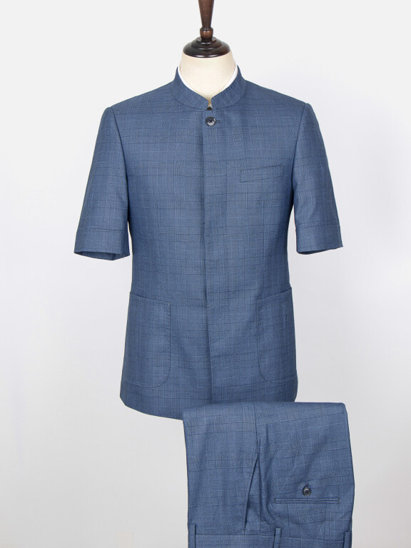 Men's Plaid Print Button Front Stand Collar Patch Pocket Short Sleeve Chinese Tunic Suit & Pants 2-Piece Sets BV220306#, Clothing Wholesale Market -LIUHUA, MEN, Clothing-Sets