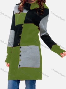 Wholesale Women's Causal High Neck Button Decor Stiching Color Sweater Dress, LIUHUA CLOTHING WHOLESALE