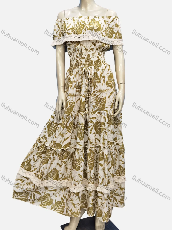 Wholesale Women's Casual Off Shoulder Leaf Print Ruffle Hem Peplum Pleated Maxi Dress	