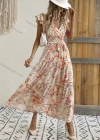 Wholesale Women's Casual Floral Print Wrap V Neck Ruffle Sleeve Maxi Dress With Belt - Liuhuamall