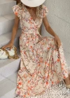 Wholesale Women's Casual Floral Print Wrap V Neck Ruffle Sleeve Maxi Dress With Belt - Liuhuamall