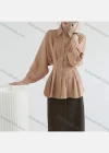 Wholesale Women's Casual Collared Batwing Sleeve Button Down Ruched Plain Peplum Tops - Liuhuamall
