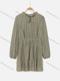 Wholesale Woman's Casual Frill Neck Tie Front Long Sleeve Eyelet Embroidered Plain Short Dress, LIUHUA CLOTHING WHOLESALE