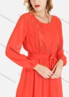 Wholesale Women's Casual Plain Guipure Lace Round Neck Chiffon Long Sleeve Maxi Dress With Belt - Liuhuamall