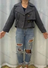 Wholesale Women's Lapel Long Sleeve Buttons Drawstring Plain Crop Jacket - Liuhuamall