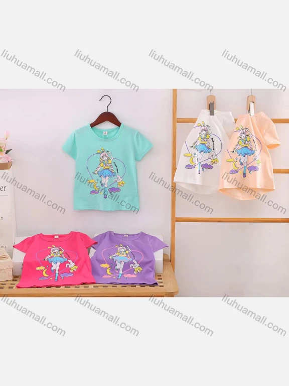 Wholesale Girl's Casual Cartoon Print Round Neck Short Sleeve Modal Cotton Tee
