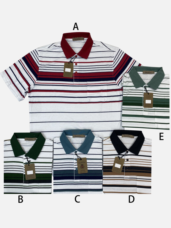 Men's Casual Short Sleeve Striped Print Button Front Patch Pocket Polo Shirts, Clothing Wholesale Market -LIUHUA, 